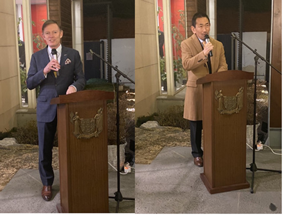 New Zealand ambassador to Korea Phillip Turner and his partner Hiroshi Ikeda welcome guests at his residence Yongsan-gu, Seoul, Tuesday. (Sanjay Kumar/The Korea Herald)