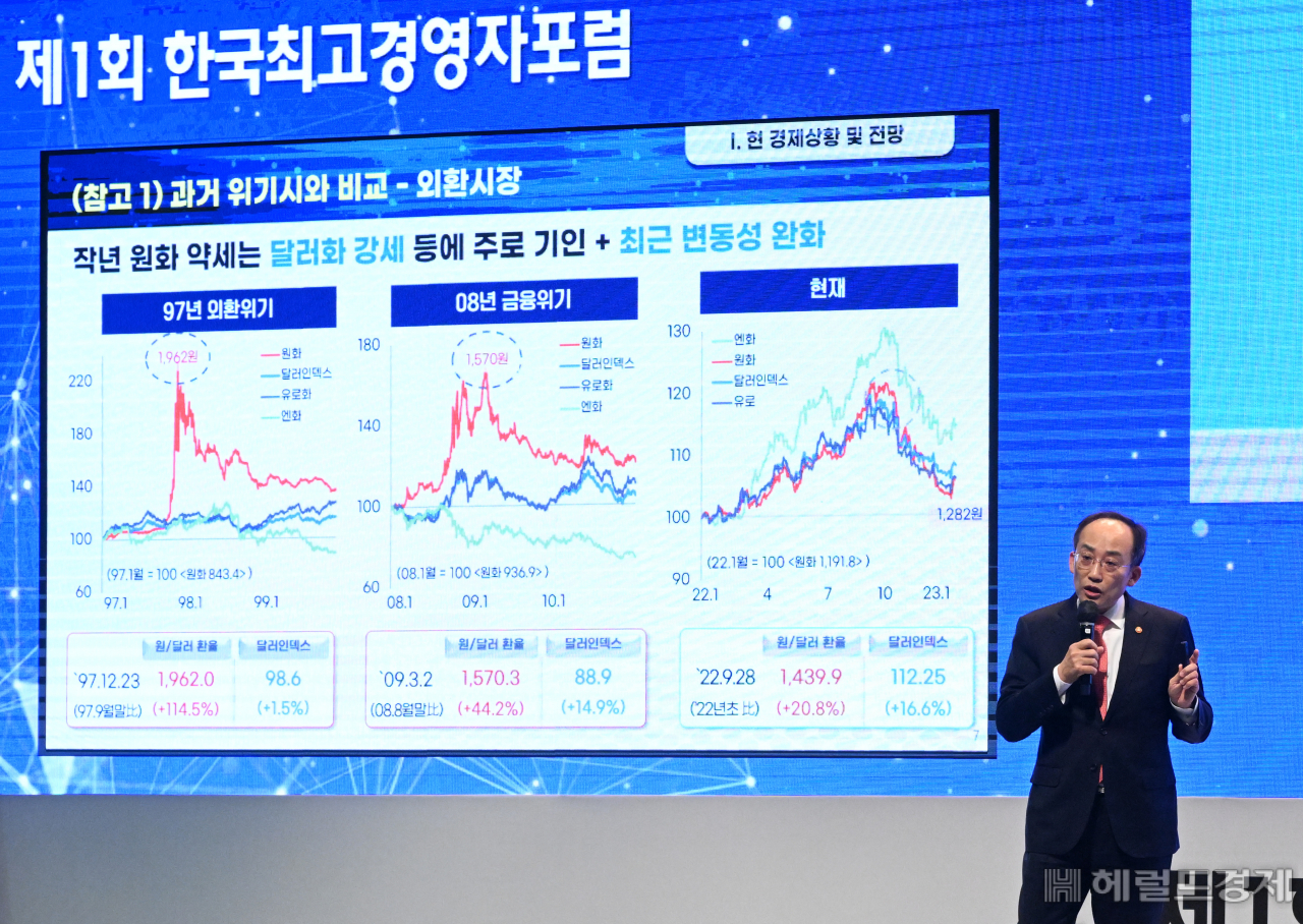 16일 서울 중구 웨스틴 조선 서울에서 경총이 주최하는 제1회 한국최고경영자포럼이 열린 가운데 추경호 경제부총리 겸 기획재정부장관이 기조강연을 하고 있다. 임세준 기자