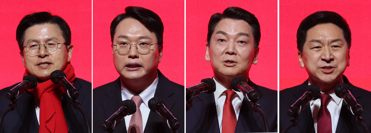 황교안·천하람·안철수·김기현 국민의힘 당대표 후보(왼쪽부터)가 16일 오후 광주 김대중컨벤션센터에서 열린 제3차 전당대회 광주·전북·전남 합동연설회에서 정견 발표를 하고 있다. [연합]