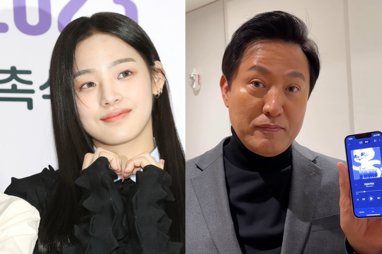 걸그룹 뉴진스의 민지(왼쪽)가 16일 오전 서울시청에서 열린 '서울특별시 홍보대사 감사패 수여 및 위촉식'에 앞서 포즈를 취하고 있다. 오세훈 서울시장이 뉴진스의 '하입보이'가 재생되는 스마트폰 뮤직 플레이어 화면을 들어보이는 모습. [연합] [오세훈 서울시장 인스타그램]
