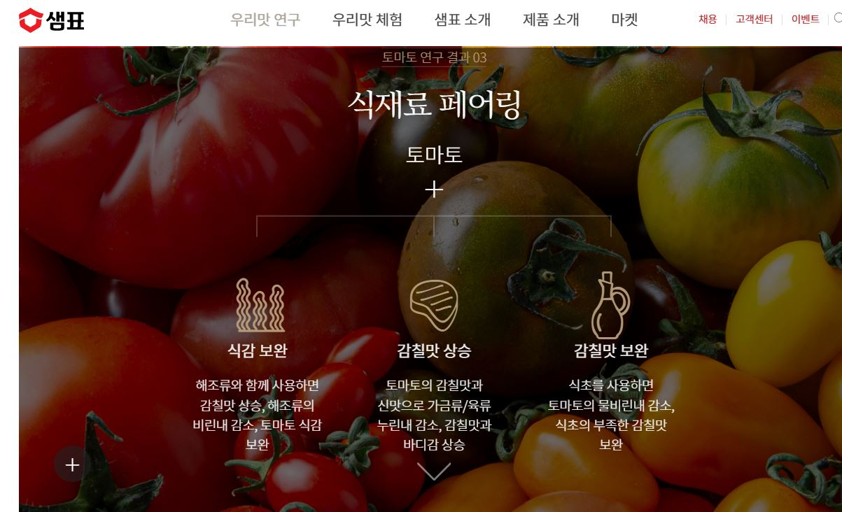 샘표식품 ‘우리맛 연구보고서’의 토마토 관련 식재료 페어링 정보. [샘표식품 홈페이지 캡처]