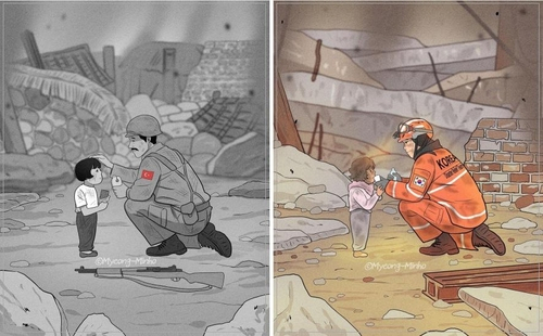 명민호 일러스트레이터가 지난 10일 인스타그램에 올린 튀르키예 강진 애도 그림. 연합뉴스
