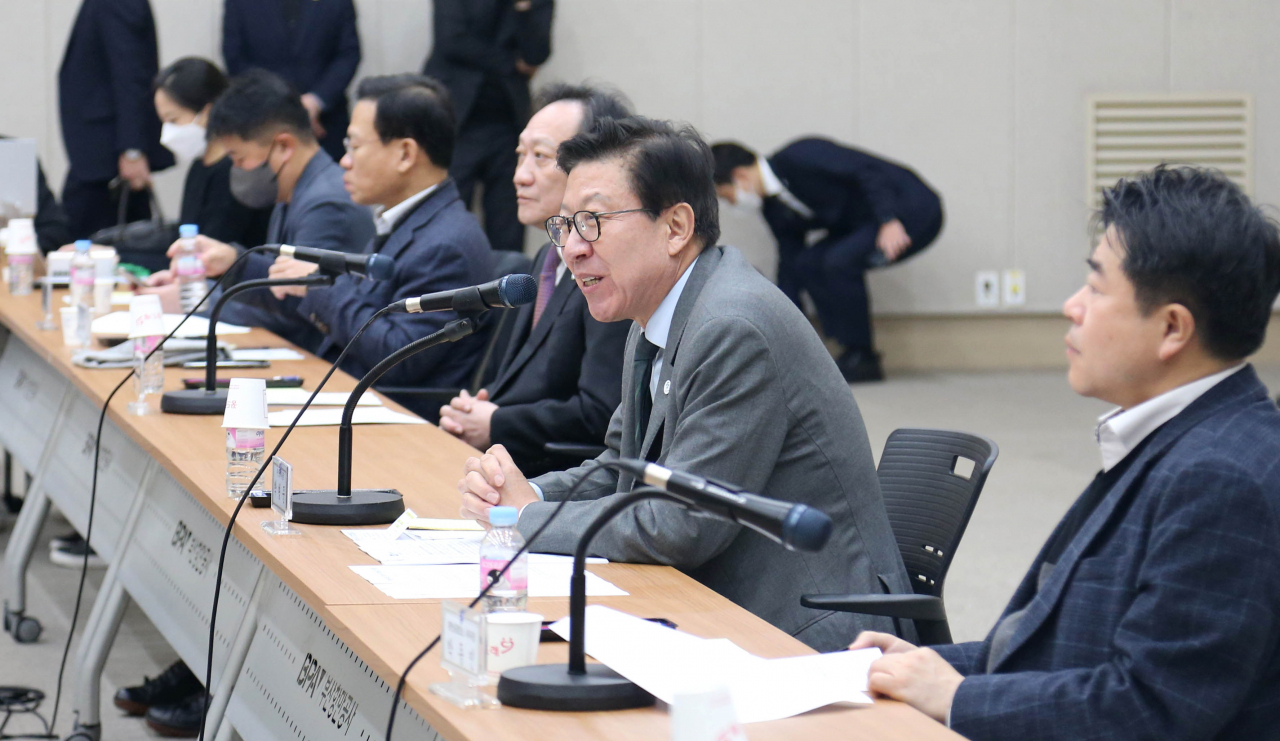 박형준 부산광역시장이 지난 17일 부산항국제컨벤션센터에서 열린 대한상의 기자간담회에서 발언하고 있다. [대한상의 제공]