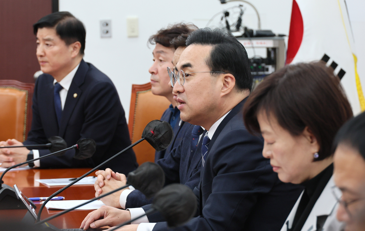 박홍근 더불어민주당 원내대표가 20일 오후 국회에서 열린 이상민 행정안전부 장관 탄핵심판 TF회의에서 발언하고 있다. [연합]
