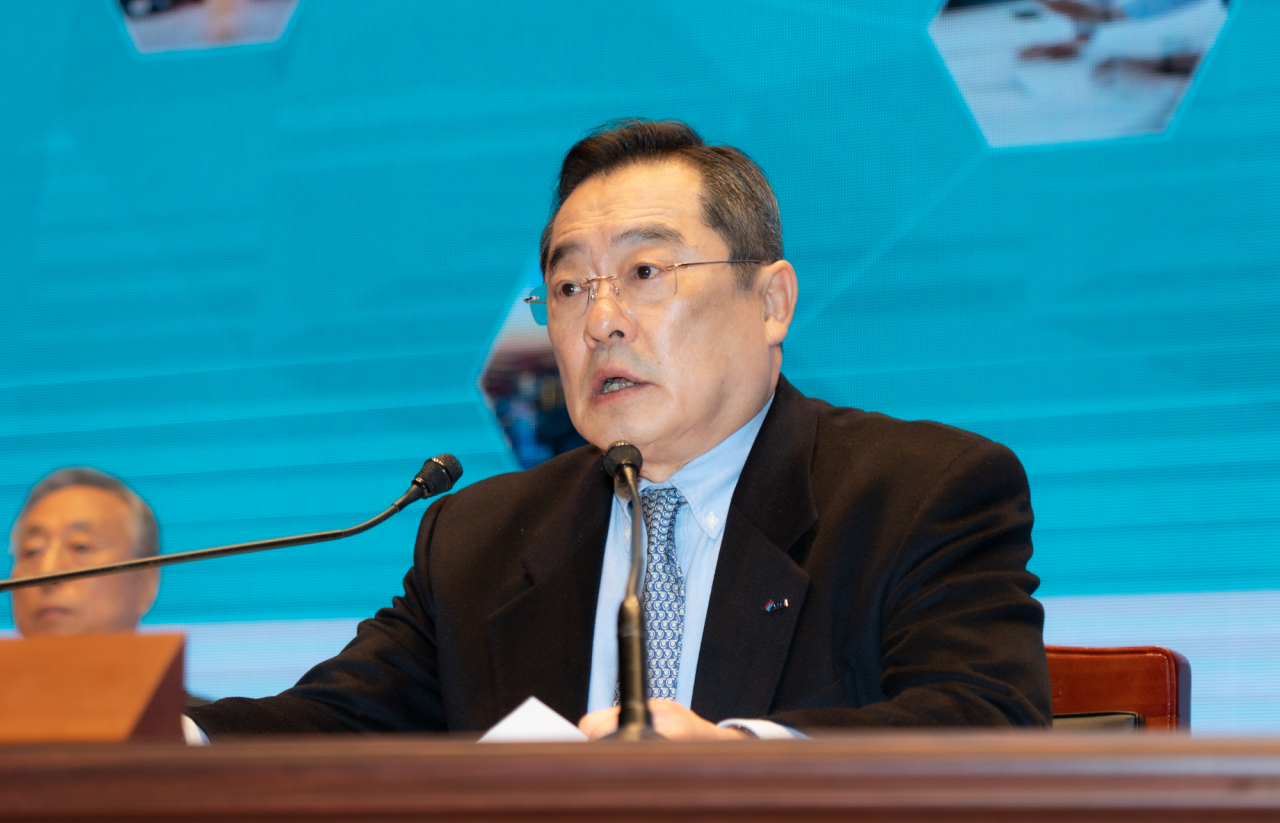 한국무역협회는 22일 삼성동 코엑스에서 2023년 정기총회를 개최했다. 구자열 무협 회장이 발언을 하고 있다. [무협 제공]