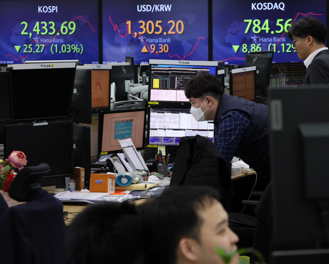 22일 서울 중구 하나은행 딜링룸에서 직원들이 업무를 보고 있다. 연합