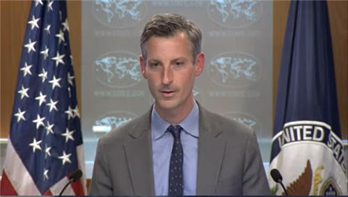 State Department spokesperson Ned Price is seen answering a question during a daily press briefing at the department in Washington on Wednesday. (Department of State)