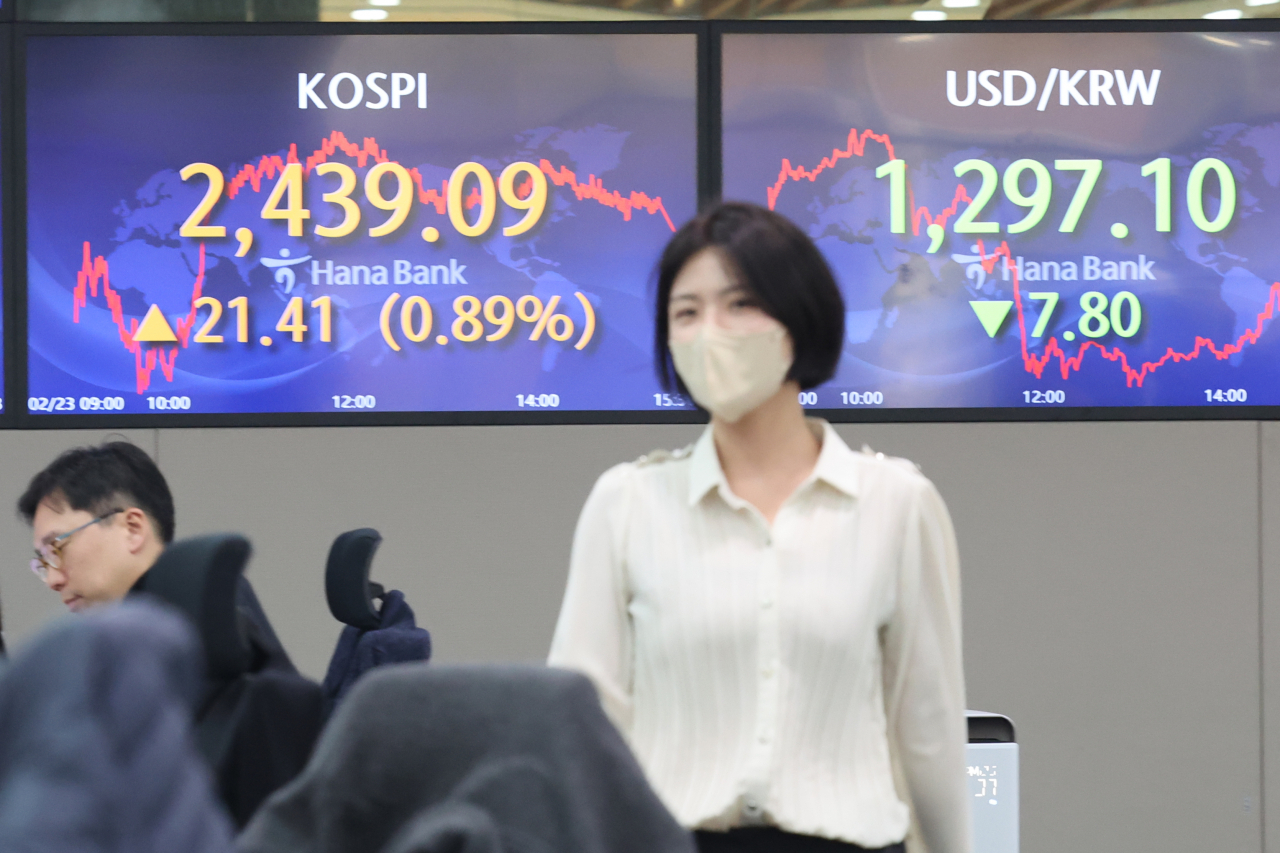 23일 서울 중구 하나은행 딜링룸 모니터에 코스피와 원/달러 환율이 표시돼 있다. 한국은행이 기준금리를 동결한 이날 코스피는 전장보다 21.41포인트 오른 2439.09에 거래를 마쳤다. 연합뉴스