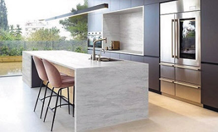 현대L&C가 천연 규암(quartzite)의 ‘적층무늬’를 엔지니어드스톤으로 구현한 ‘오피모컬렉션’을 새로 출시했다. [현대L&C 제공]