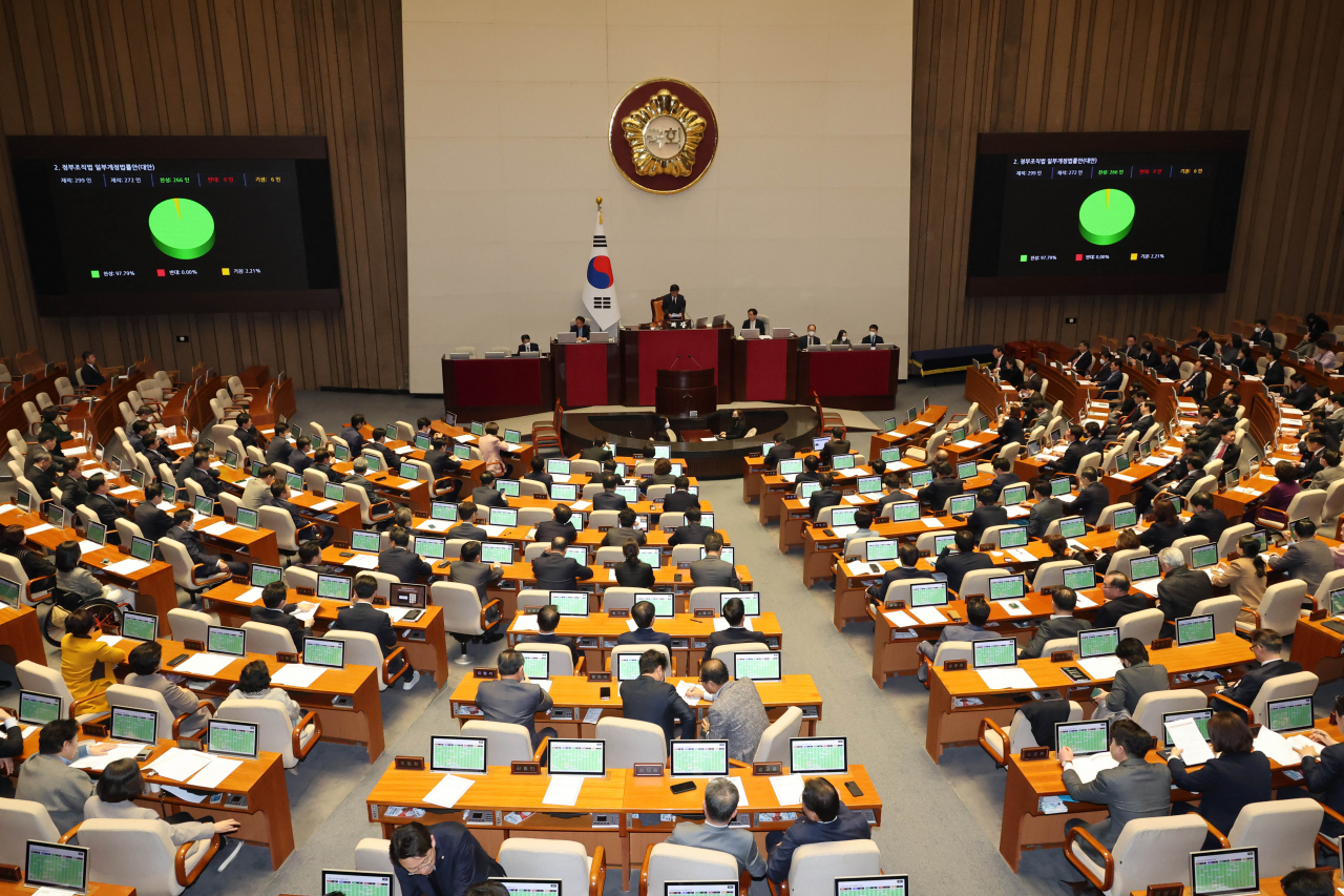 27일 국회에서 열린 본회의에서 정부조직법 일부 개정 법률안이 통과되고 있다. [연합]