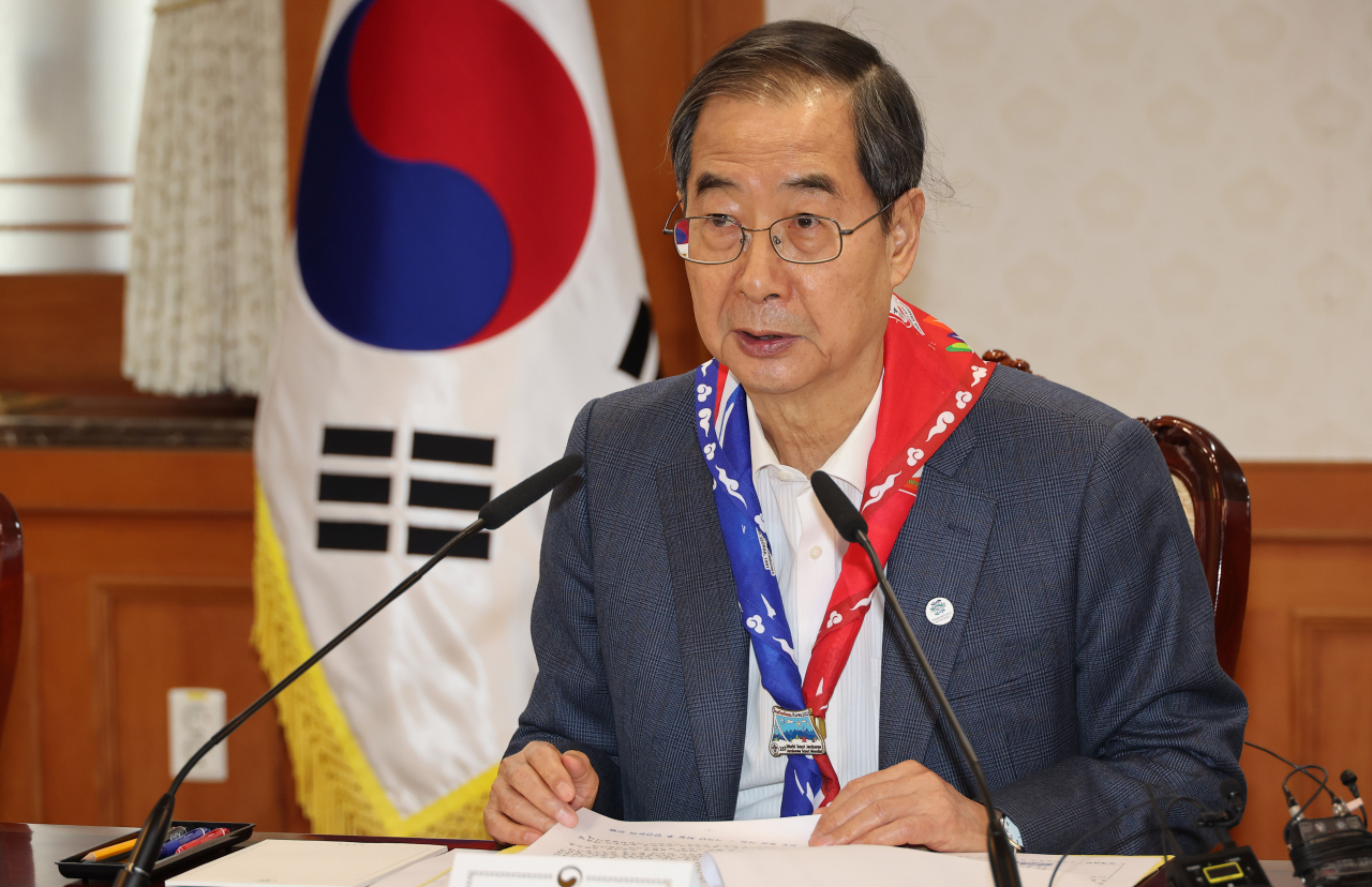 한덕수 국무총리가 3일 정부서울청사에서 열린 세계잼버리 정부지원위원회를 주재하며 발언하고 있다. [연합]