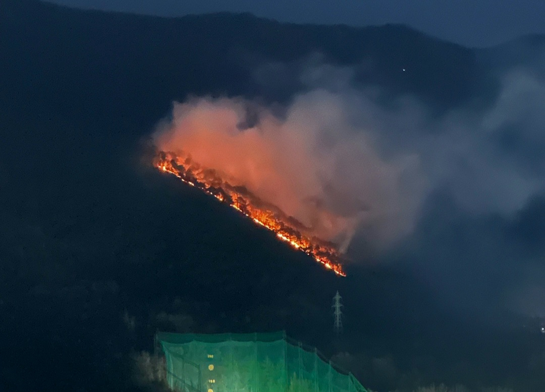 4일 오후 6시 5분께 대구 앞산에서 원인을 알 수 없는 불이 나 산림 당국이 진화에 나서고 있다. [연합]