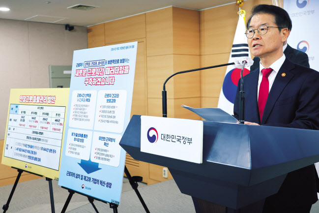이정식 고용노동부 장관이 6일 정부서울청사 브리핑실에서 근로시간 제도 개편방안을 발표하고 있다. [연합]