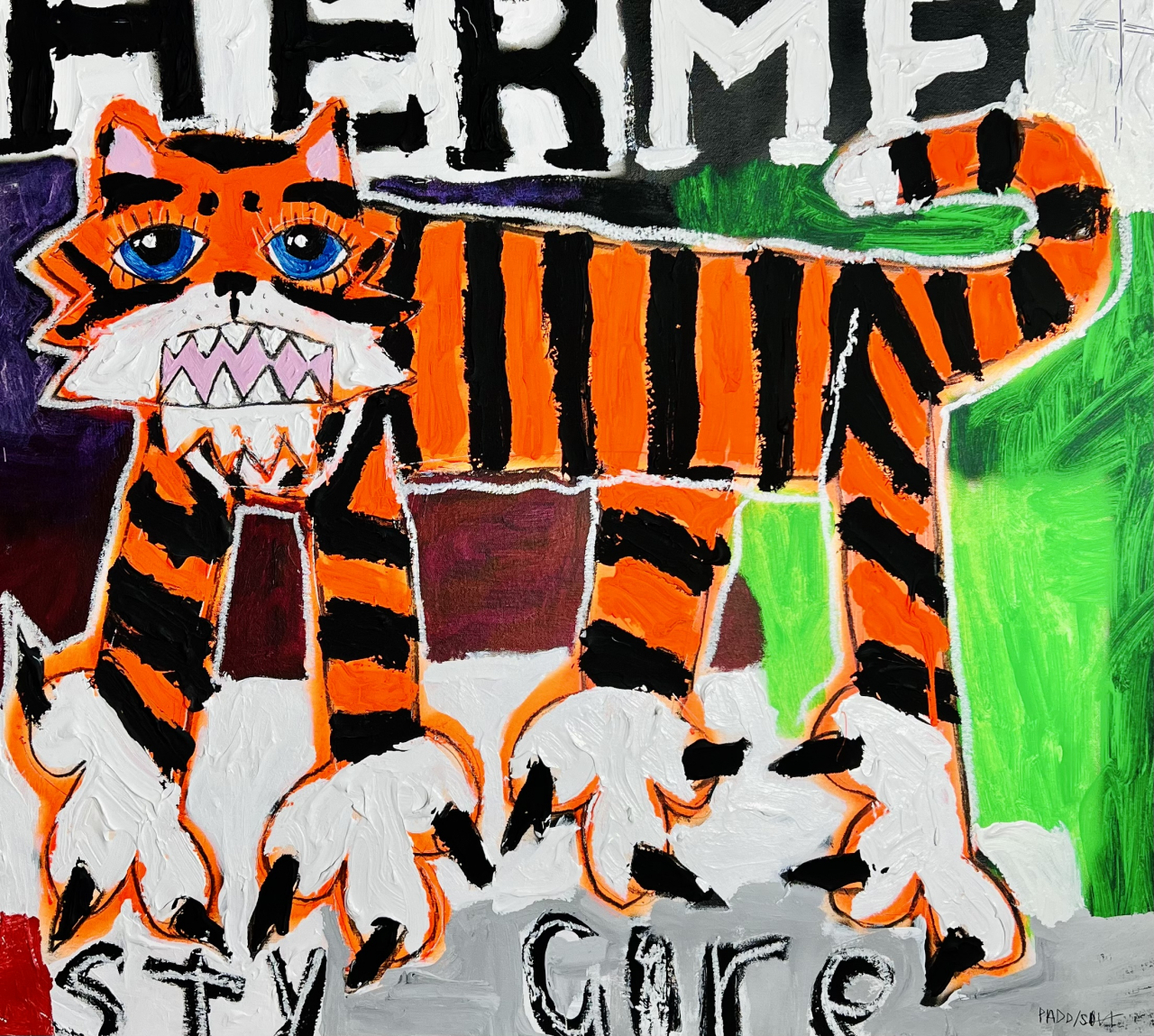 Nathan Paddison, Hermes sty gore, 2023, Oil stick acrylic spray paint charcoal pencil and wax crayon on canvas, 96 x 112cm [아뜰리에 아키 제공]