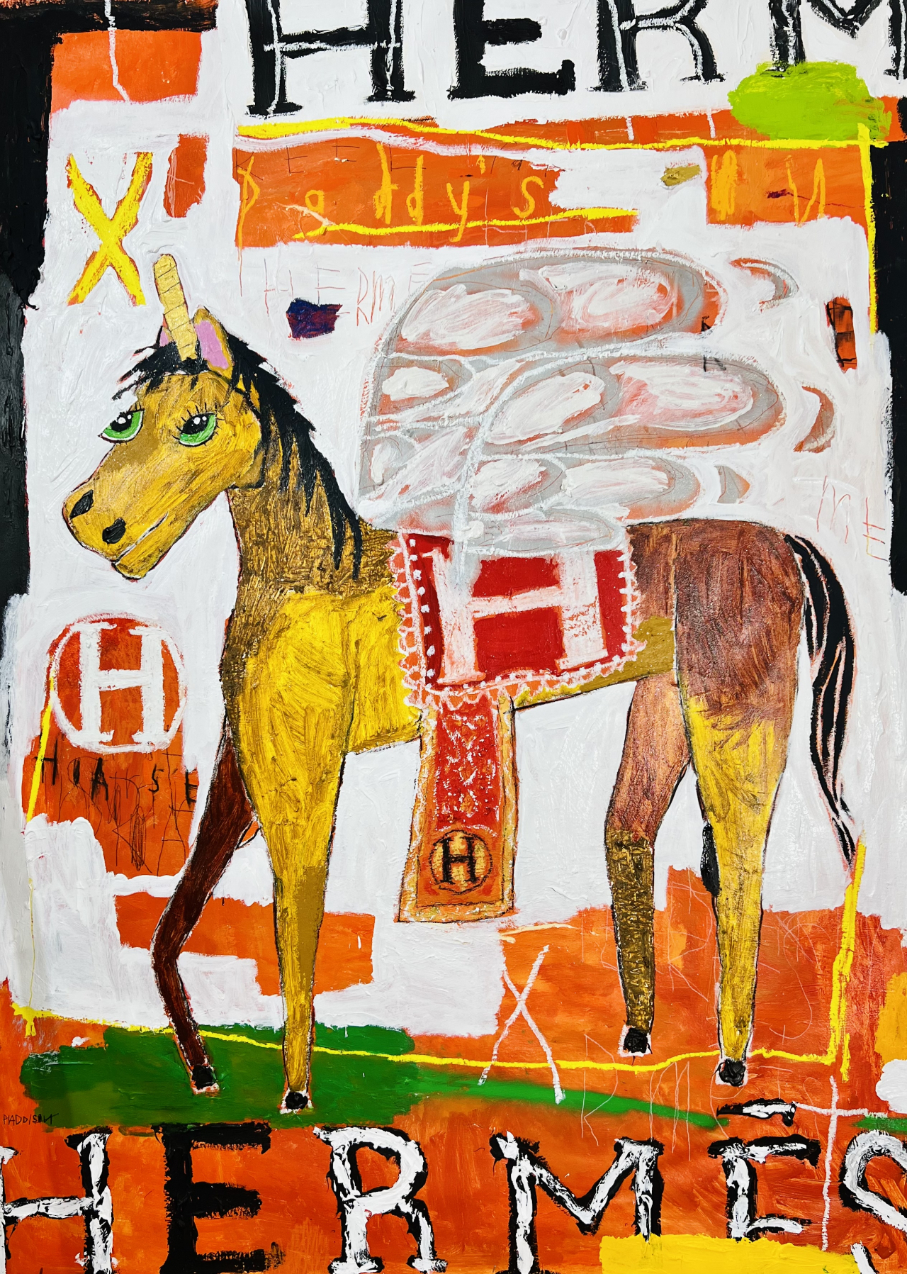 Nathan Paddison, Hermes X paddy’s on, 2023, Oil stick acrylic spray paint charcoal pencil and wax crayon on canvas, 193x143 cm [아뜰리에 아키 제공]