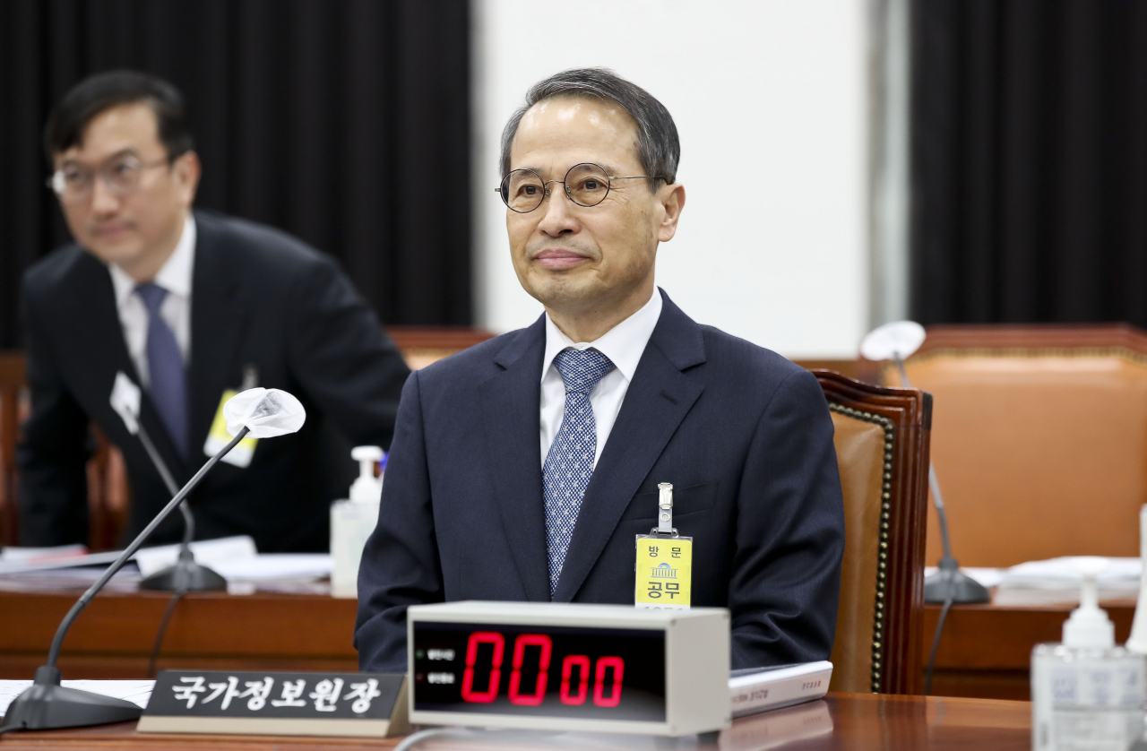 National Intelligence Service Director Kim Kyou-hyun attends a parliamentary intelligence committee meeting in Seoul on Tuesday. (Pool photo)