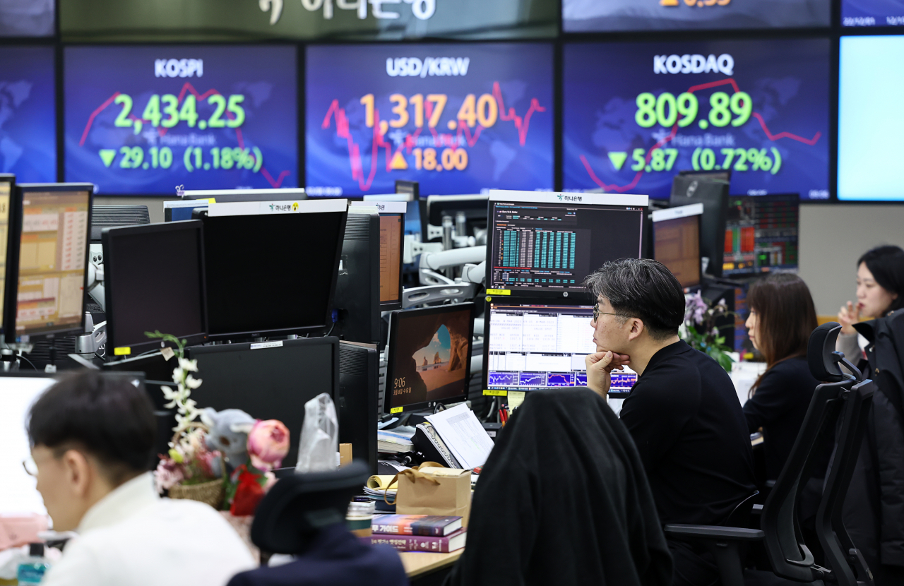 코스피가 8일 제롬 파월 미국 연방준비제도(Fed·연준) 의장의 매파적 발언에 1% 이상 하락 출발해 2,430대로 뒷걸음쳤다. 지수는 전장보다 27.77포인트(1.13%) 내린 2,435.58로 개장했다. 사진은 이날 명동 하나은행 본점 딜링룸 모습. 연합뉴스