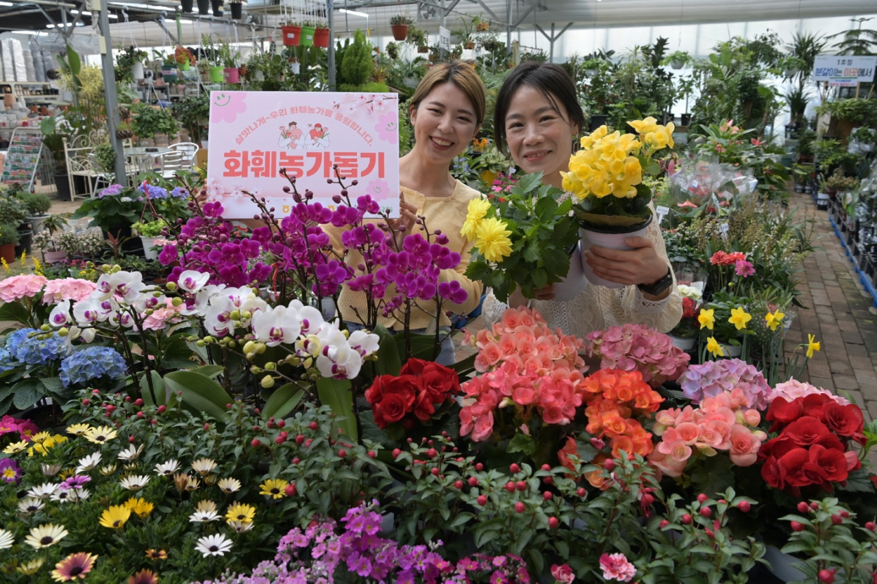 8일 경기도 수원에 위치한 농협 하나로마트 수원점에서 직원들이 '화훼 농가 돕기, 봄맞이 꽃 행사'를 소개하고 있다. 사진=농협유통 제공