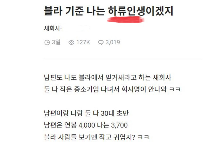직장인 소셜 커뮤니티 블라인드의 게시물. [블라인드 갈무리]