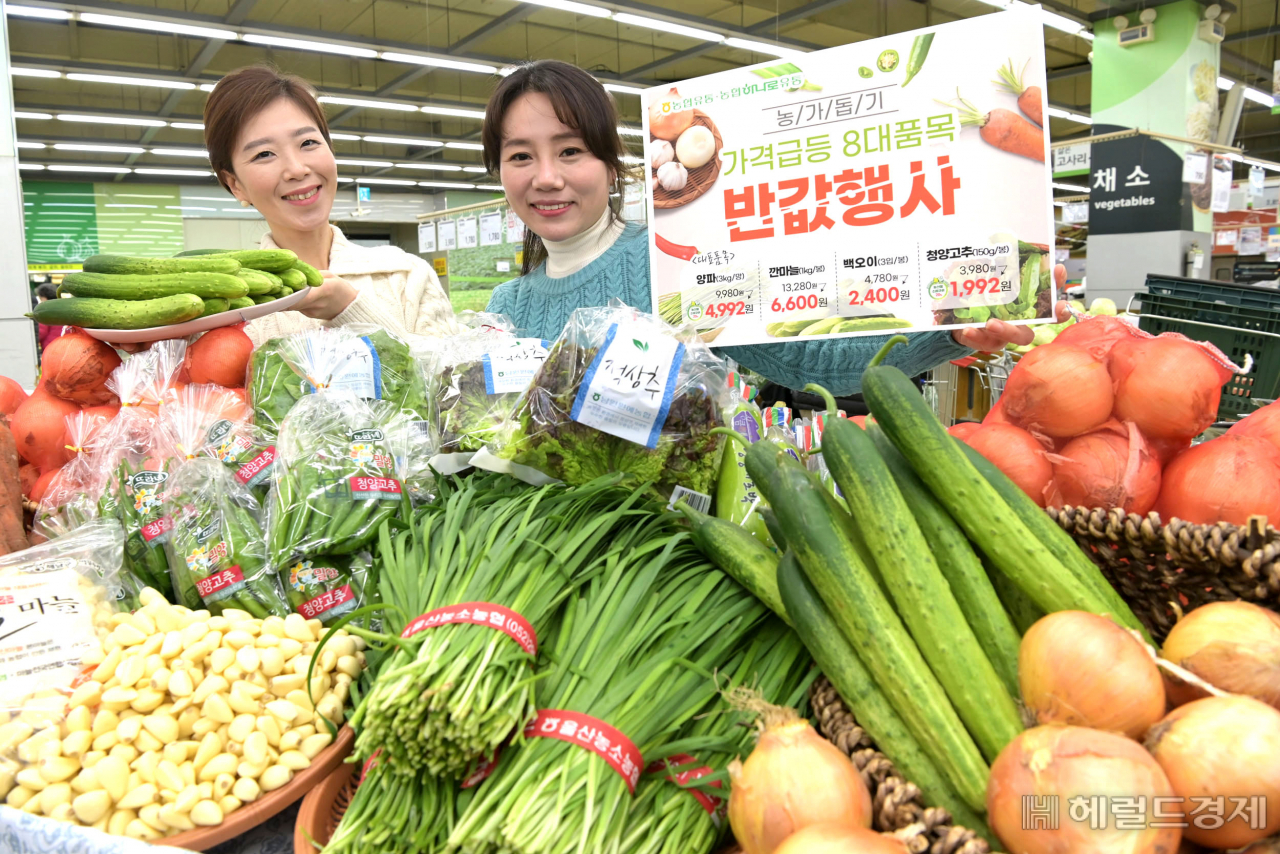 9일 서울 서초구에 위치한 농협 하나로마트 양재점에서 직원들이 ‘가격 급등 채소 8대 품목 반값 할인 행사’를 선보이고 있다. 사진=농협유통 제공