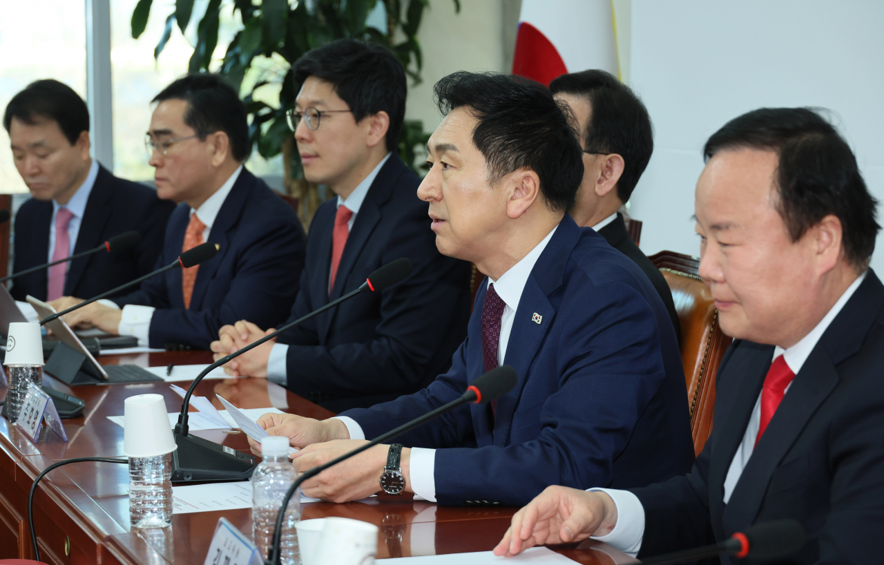 김기현 국민의힘 대표가 13일 오전 국회에서 열린 최고위원회의에서 발언하고 있다. [연합]