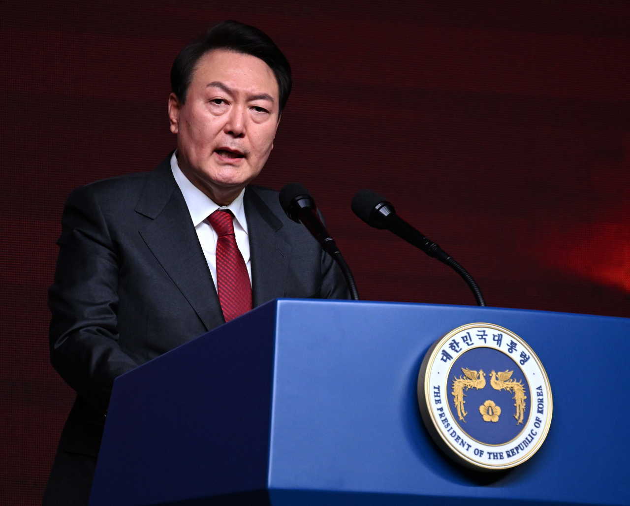 This file photo shows President Yoon Suk Yeol giving a speech on March 8. (Yonhap)