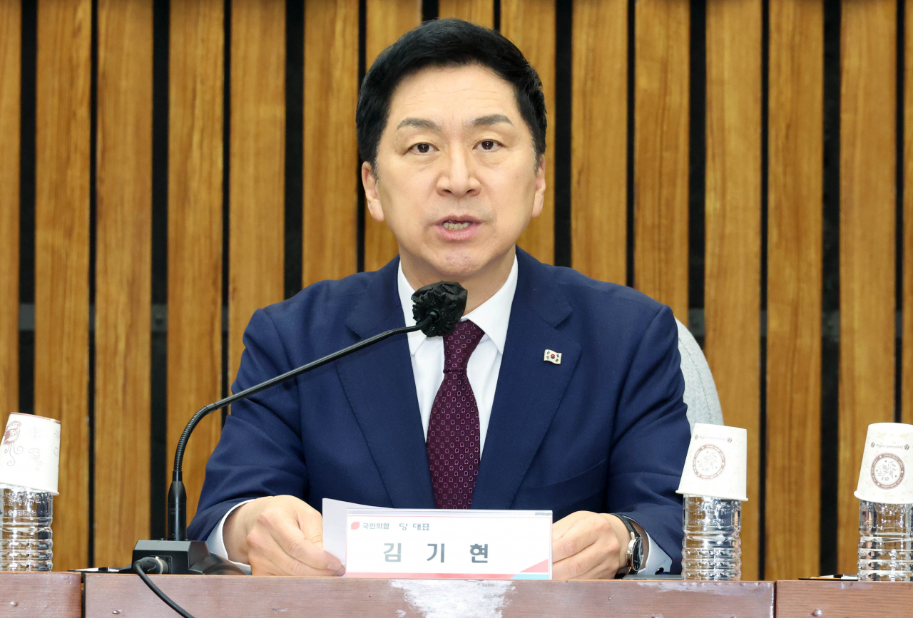 김기현 국민의힘 대표가 13일 국회에서 열린 노동조합 회계 투명성 강화 관련 민·당·정 협의회에서 발언하고 있다. [연합]