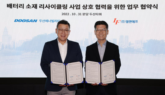 송용진(왼쪽) 두산에너빌리티 전략혁신부문장과 최수안 엘앤에프 대표이사가 지난해 10월 경기도 분당두산타워에서 열린 ‘배터리 소재 리사이클링 사업 협력에 관한 협약식’에서 기념촬영을 하고 있다. [두산에너빌리티 제공]
