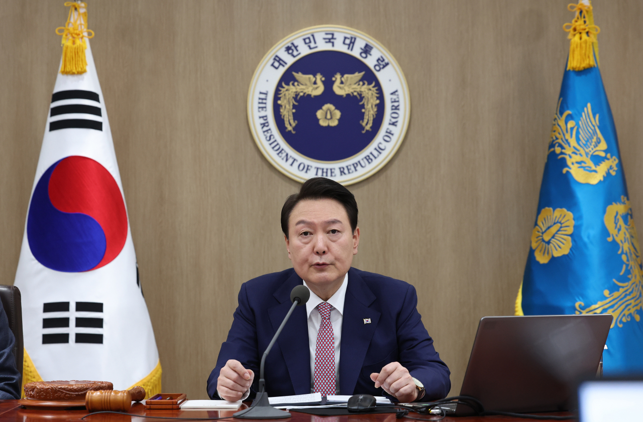 President Yoon Suk Yeol speaks during a Cabinet meeting at the presidential office in Seoul last Tuesday. (Yonhap)