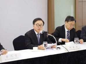 이동근(왼쪽) 한국경영자총협회 상근부회장이 15일 서울 소공동 롯데호텔에서 열린 ‘주요기업 인사노무담당 임원회의’에서 “정부의 근로시간제도 개편안이 기업의 대응력을 높일 것”이라고 말하고 있다. [경총 제공]