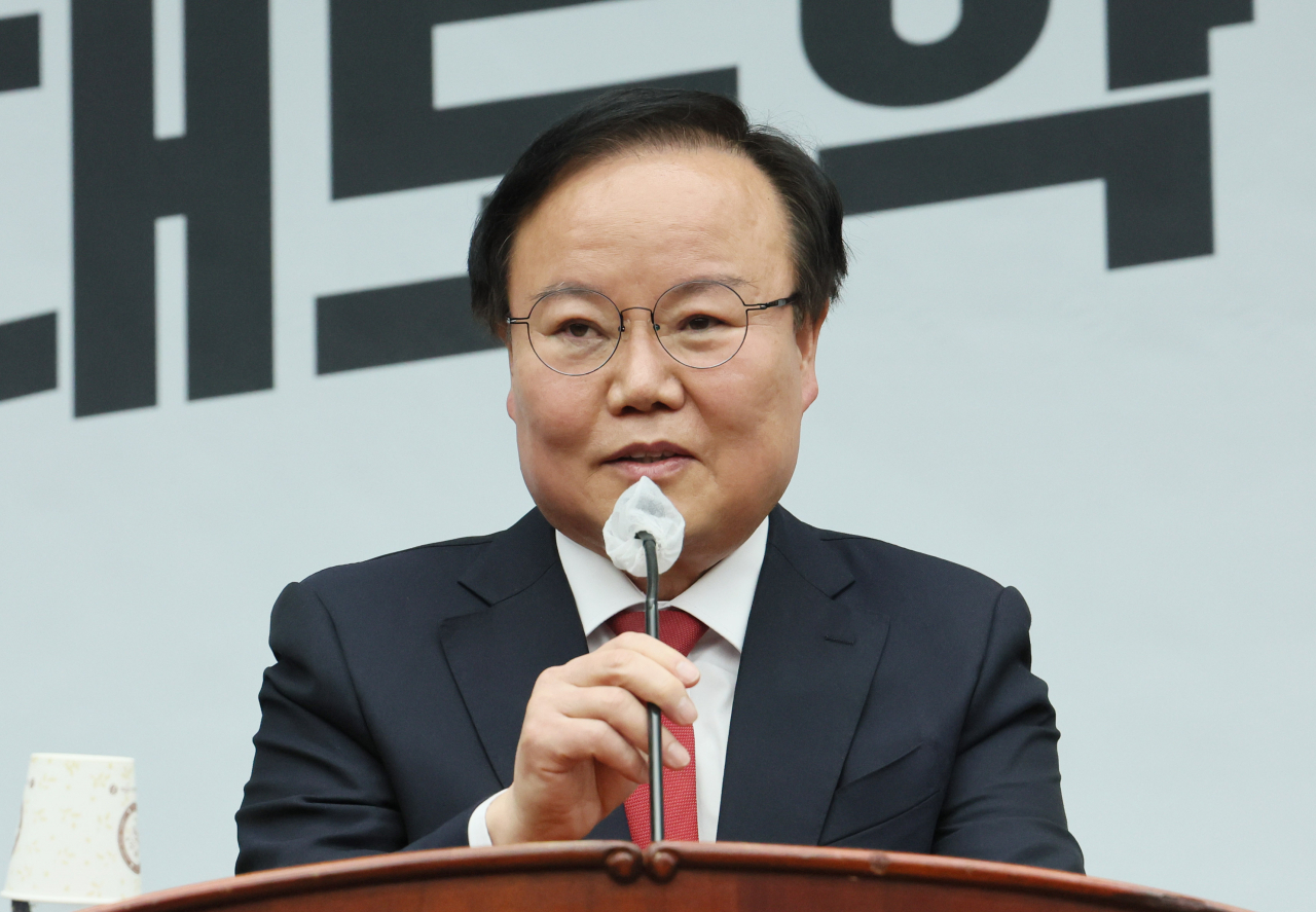 국민의힘 김재원 최고위원이 10일 오전 국회에서 열린 정책 의원총회에서 인사말을 하고 있다. [연합]
