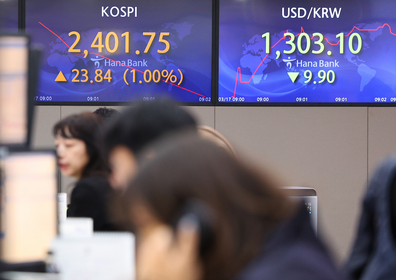 17일 오전 서울 중구 하나은행 딜링룸 스크린에 코스피가 띄워져 있다. 이날 코스피는 전 거래일 대비 1%가량 상승하며 2400대로 거래를 시작했다. 연합뉴스