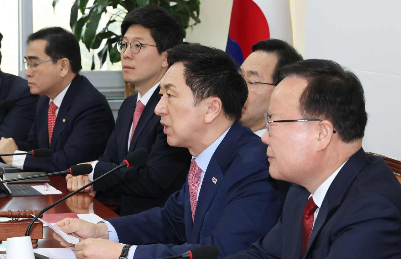 국민의힘 김기현 대표가 20일 오전 국회에서 열린 최고위원회의에서 발언하고 있다. [연합]