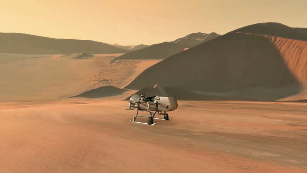 NASA의 드래건플라이가 타이탄에 접근하는 모습을 그려낸 이미지.[NASA 제공]