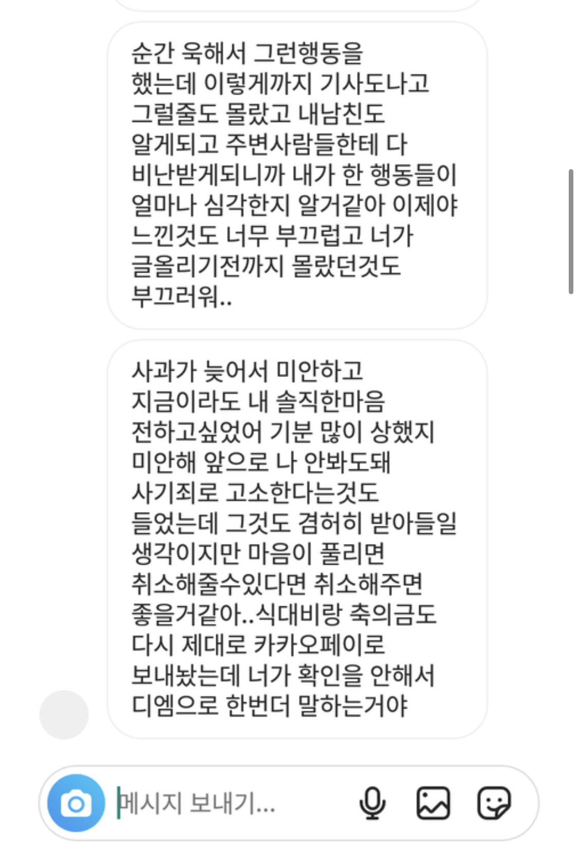 A씨가 결혼식에 초대하지 않은 친구로부터 받은 사과 메시지. [온라인 커뮤니티]