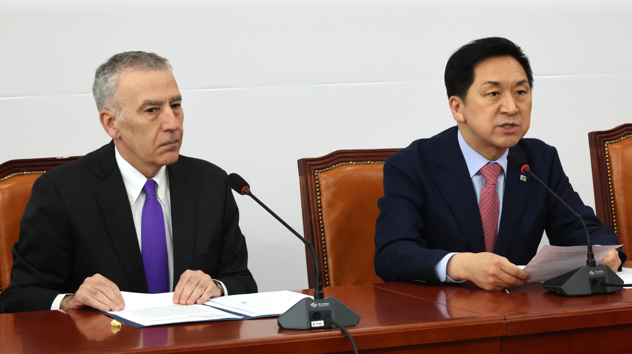 국민의힘 김기현 대표가 20일 국회를 방문한 필립 골드버그 주한미국대사 접견에서 발언하고 있다. [연합]