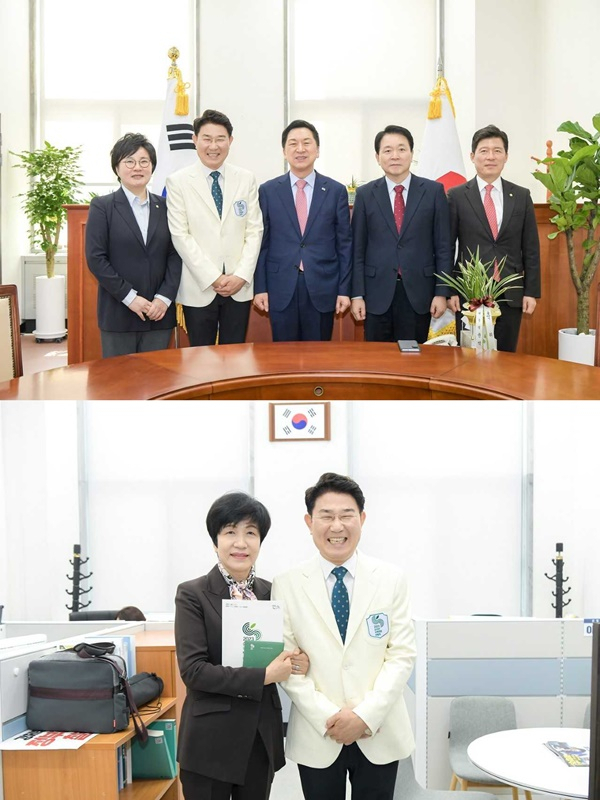 20일 노관규 순천시장이 집권당인 국민의힘 당사를 방문해 김기현 대표 등과 만나 2023정원박람회 참석을 요청하고 있다.(사진 위) 이어서 민주당 김영주 국회부의장과도 기념 촬영하고 있다. [순천시 제공]
