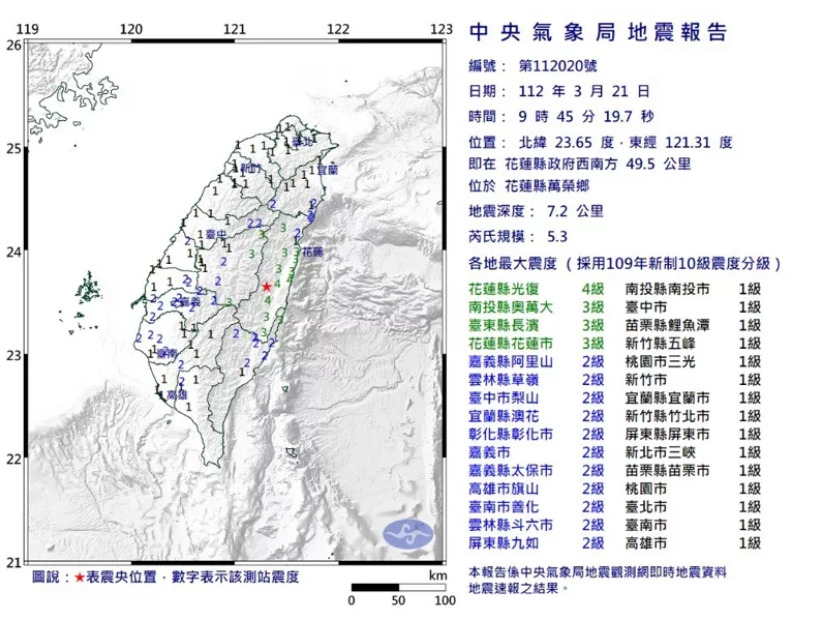 21일 오전 10시 45분 19초(한국시간) 대만 화롄 남서쪽 41km 지역에서 규모 5.3의 지진이 발생했다. 대만 지도 속 별표는 진앙지 위치. [대만 기상청·대만연합신문망 갈무리]