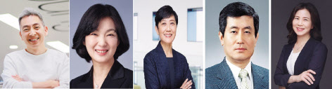 김정인(왼쪽부터) SKC 사외이사 후보, 김주연 SK이노베이션 후보, 박현주 SK㈜ 후보, 정덕균 SK하이닉스 후보, 오혜연 SKT 후보.(가나다순) [각 사 및 서울대 제공]