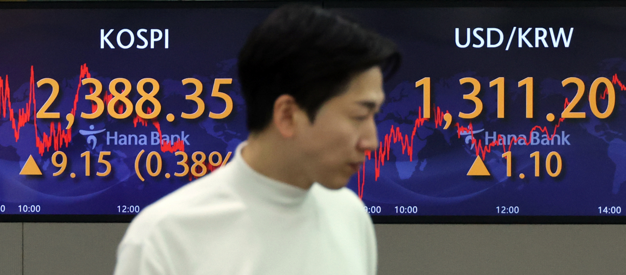 21일 코스피는 9.15p(0.38%) 오른 2,388.35로 마감했다. 코스닥은 0.33p(0.04%) 오른 802.53, 원/달러 환율은 1.1원 오른 1,311.2원으로 장을 마쳤다. 사진은 이날 명동 하나은행 본점 딜링룸 모습. 연합뉴스