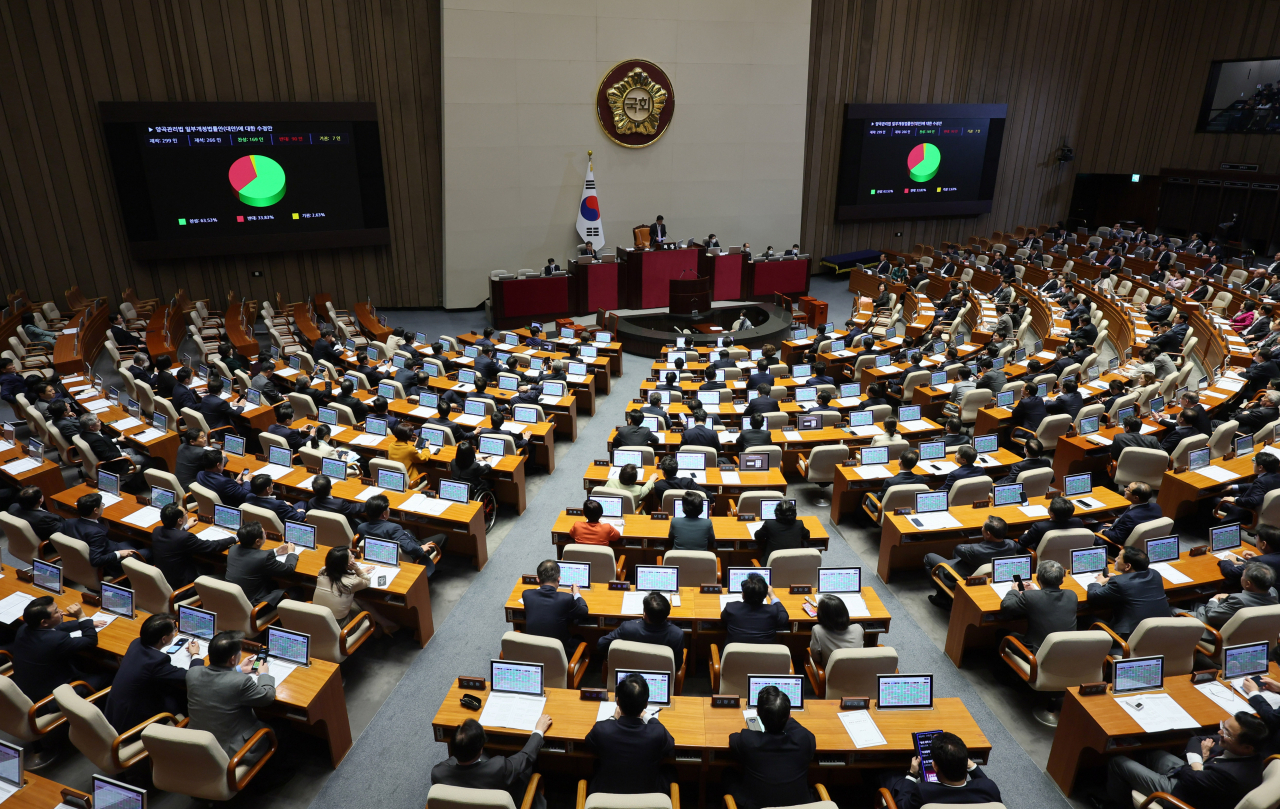 23일 오후 열린 국회 본회의에서 양곡관리법 일부개정법률안(대안)에 대한 수정안이 통과되고 있다. [연합]