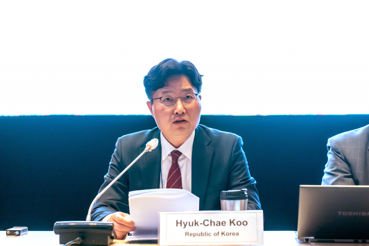 구혁채 과학기술정보통신부 기초원천연구정책관이 24일 오전 인천광역시 연수구 송도IBS타워에서 열린 '유엔기후변화협약 기술메커니즘 이사회' 에서 개최국 환영사를 하고 있다.[과기정통부 제공]