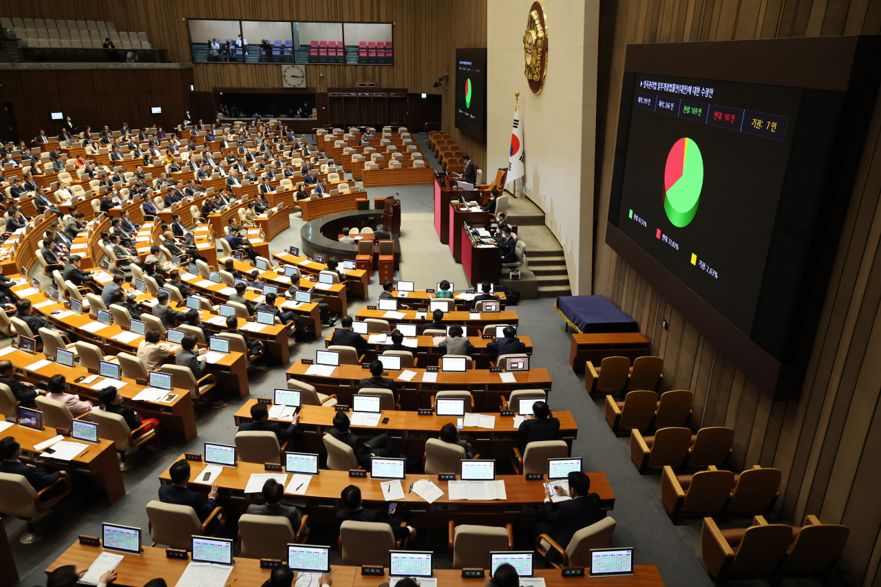 23일 오후 국회에서 열린 본회의에서 양곡관리법 일부개정법률안에 대한 수정안이 가결되고 있다. [연합]