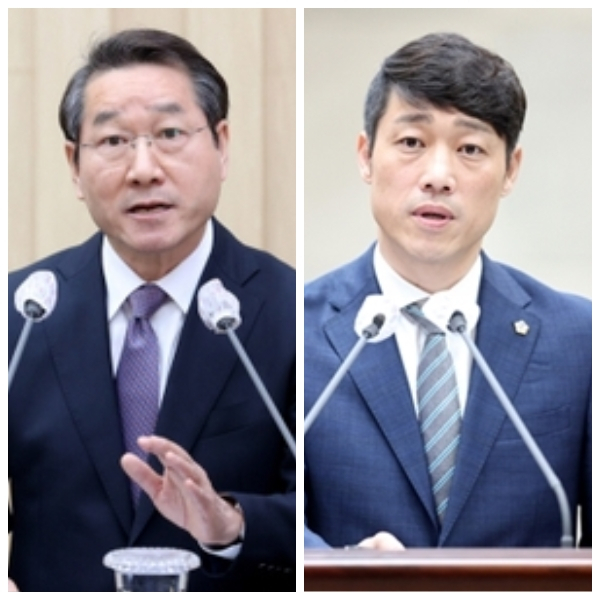 지난 23일 인천시의회 본회의장에서 유정복 인천시장〈왼쪽〉과 이용창 인천시의원이 수도권매립지 사용 종료를 놓고 서로 격돌하고 있다.