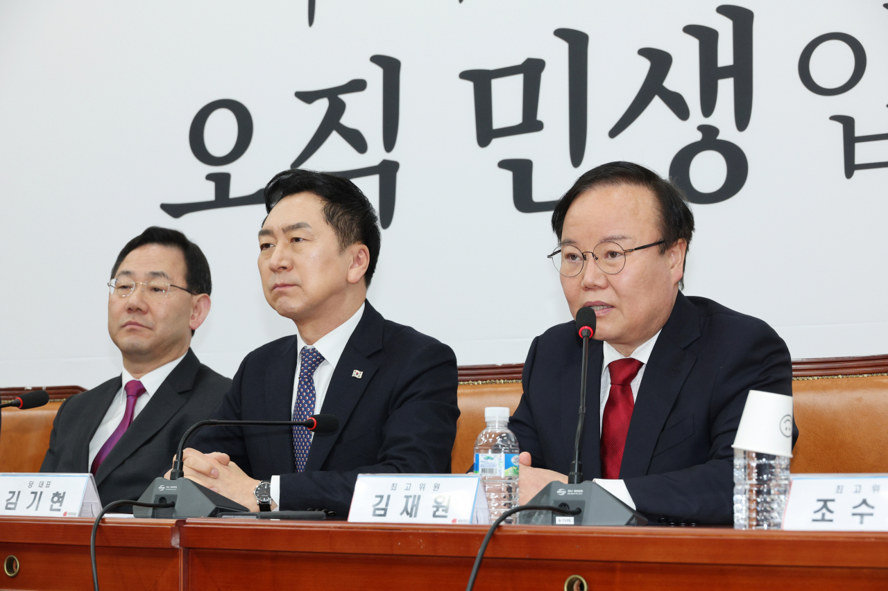 국민의힘 김재원 최고위원이 9일 오전 국회에서 열린 최고위원회의에서 발언하고 있다. [연합]