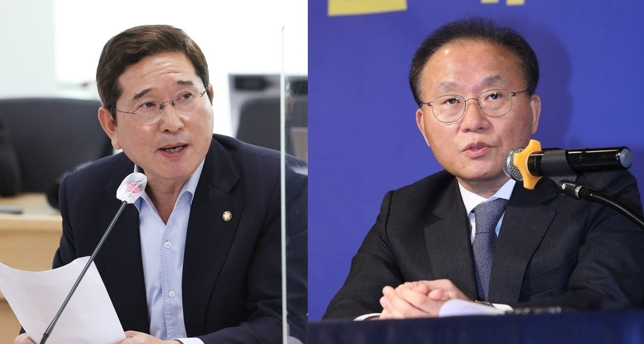 국민의힘의 김학용(왼쪽) 의원과 윤재옥 의원. [연합]
