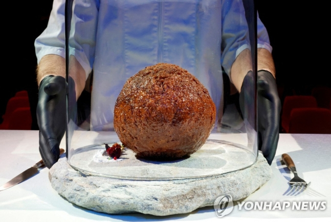 호주의 배양육 스타트업 '바우'가 28일(현지시간) 암스테르담의 '네모' 과학전시관에서 공개한 매머드 DNA 기반 세포 배양육 미트볼. [로이터] 연합]
