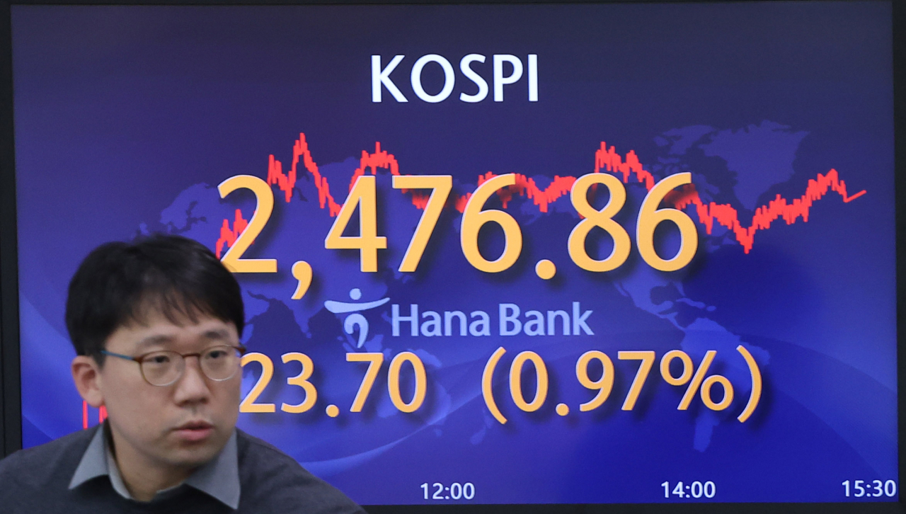 코스피가 외국인과 기관 투자자의 매수세에 힘입어 1% 가까이 상승해 2470대로 올라선 31일 오후 서울 중구 하나은행 본점 딜링룸에서 직원들이 업무를 보고 있다. 이날 코스피는 전장보다 23.70포인트 오른 2476.86에 거래를 마쳤다. 연합뉴스