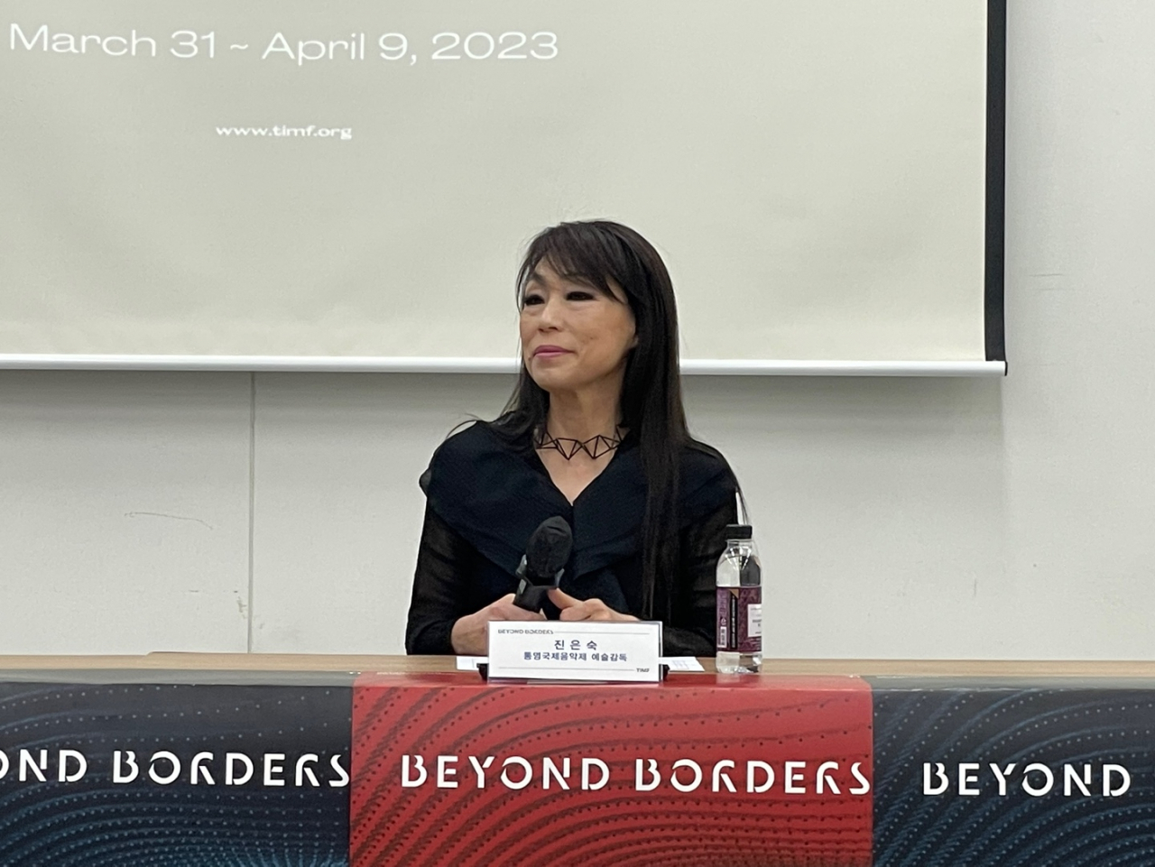 Chin Unsuk, music director of the Tongyeong International Music Festival, attends a press conference held at Tongyeong Concert Hall on Friday. (Park Ga-young/The Korea Herald)
