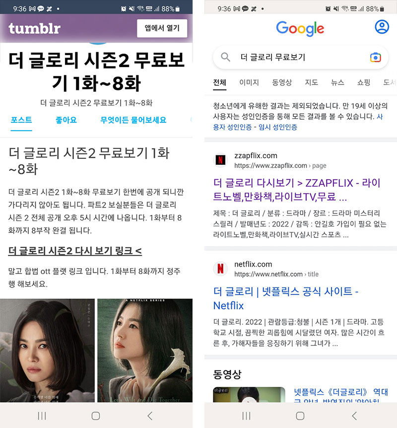 넷플릭스 오리지널 콘텐츠 ‘더 글로리 파트2’를 무료로 볼 수 있다며 ‘도둑시청족’을 유혹하는 게시글. [웨이브 뉴스룸]